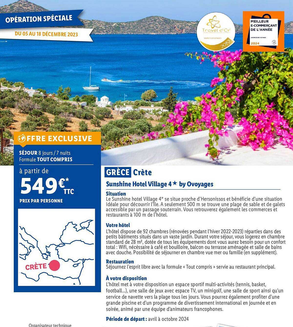 grèce crète : sunshine hôtel village 4* by ovoyages