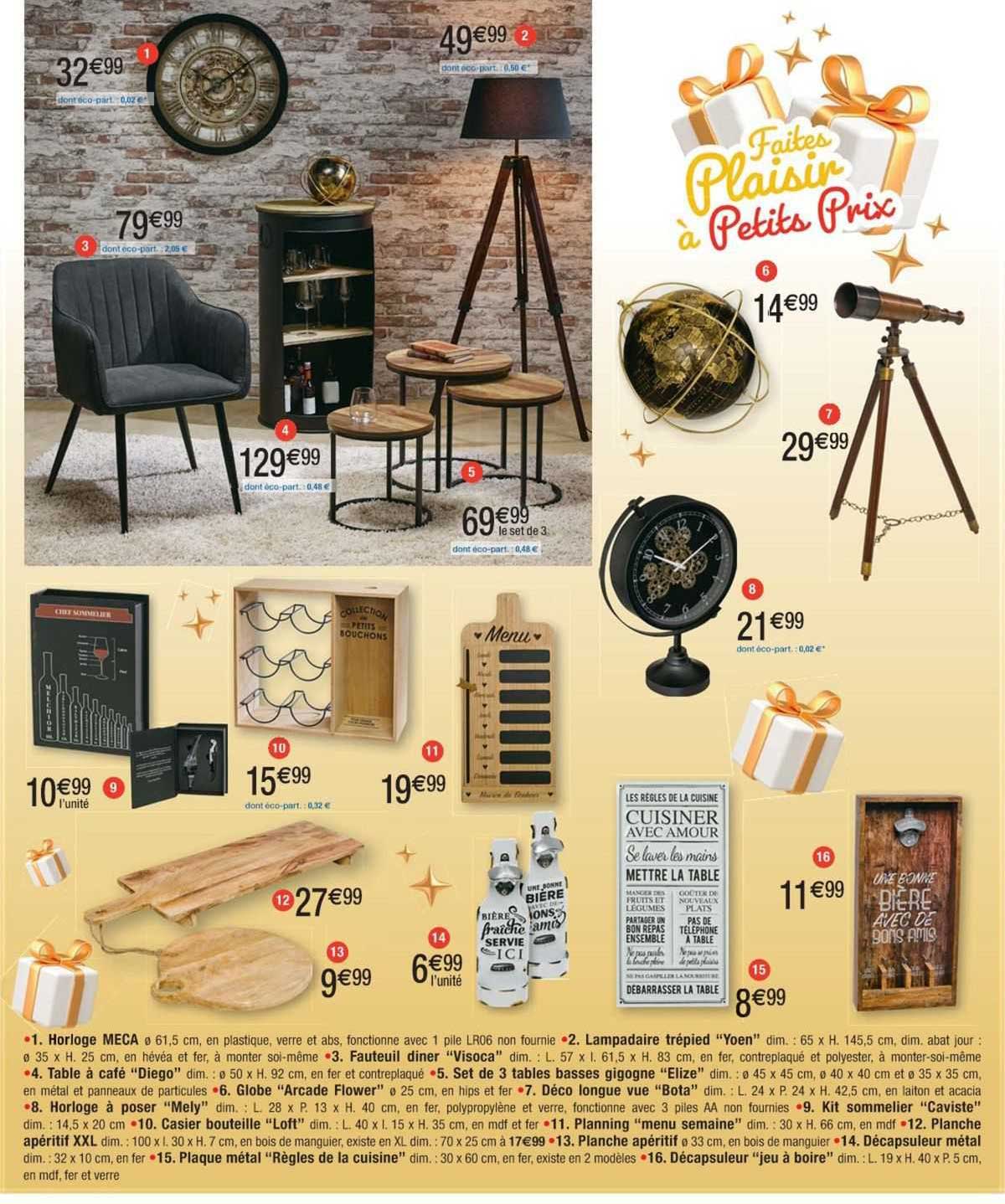 horloge meca, lampadaire trépied "yoen", fauteuil diner "visoca", table à café "diego", set de 3 tables basses gigogne "elize", globe "arcade flower", déco longue vue "bota", horloge à poser "mely"