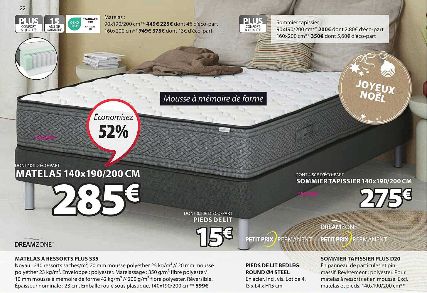 matelas à ressorts plus s35, pieds de lit bedleg round ø 4 steel, sommier tapissier plus d20