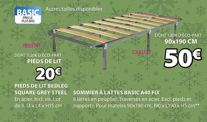 pieds de lit bedleg square grey steel, sommier à lattes basic a40 fix