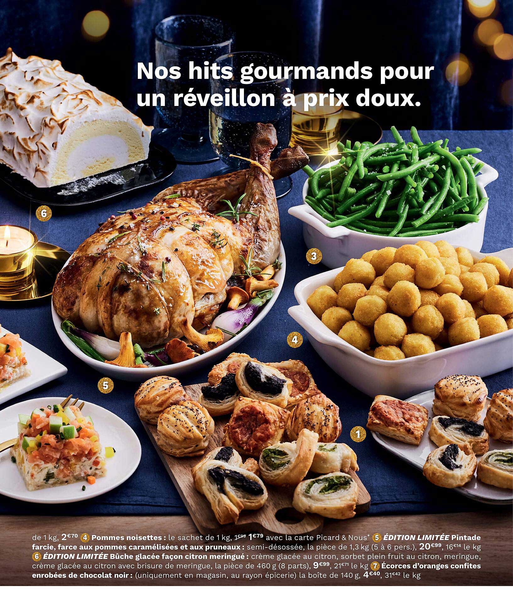 pommes noisettes, pintade farcie, farce aux pommes caramélisées et aux pruneaux, bûche glacée façon citron meringué, écorces d'oranges confites enrobées de chocolat noir