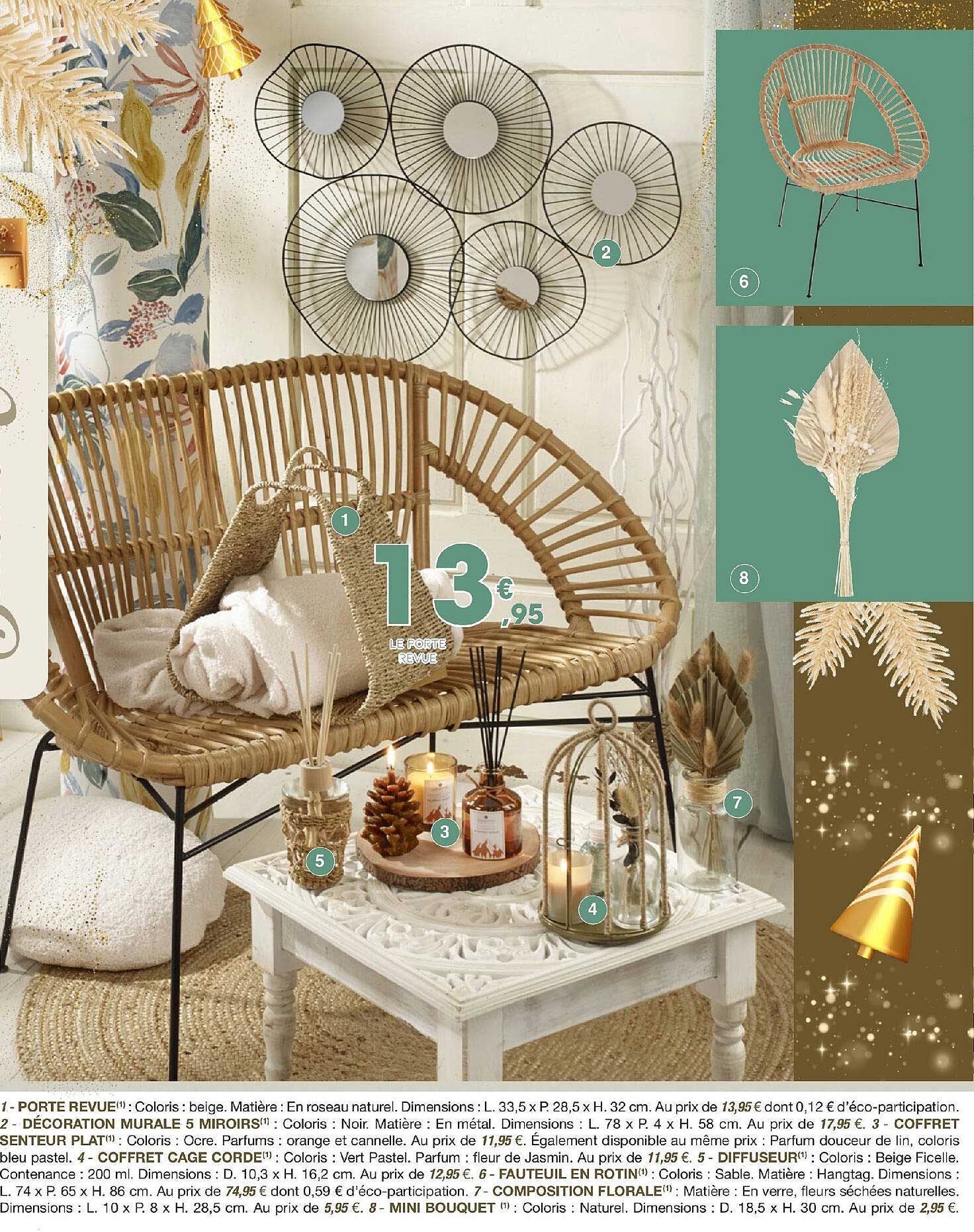 porte revue, décoration murale 5 miroirs, coffret senteur plat, coffret cage corde, diffuseur, fauteuil en rotin, composition florale, mini bouquet