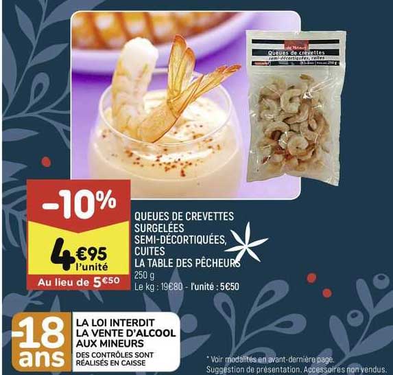 queues de crevettes surgelées semi-décortiquées, cuites la table des pêcheurs