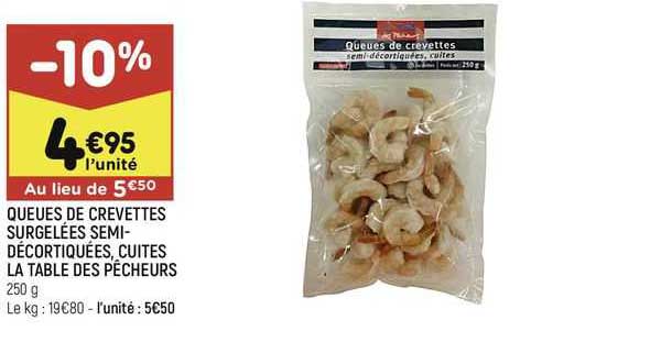 queues de crevettes surgelées semi-décortiquées, cuites la table des pêcheurs