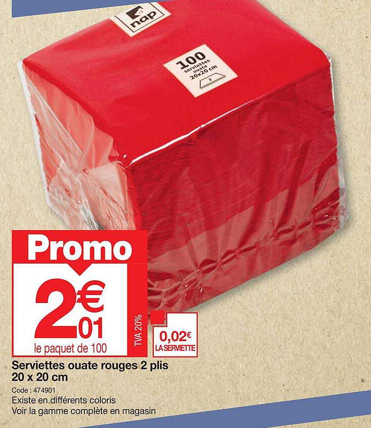serviettes ouate rouges 2 plis 20 x 20 cm
