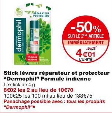 stick levres reparateur et protecteur "dermophil" formule indienne