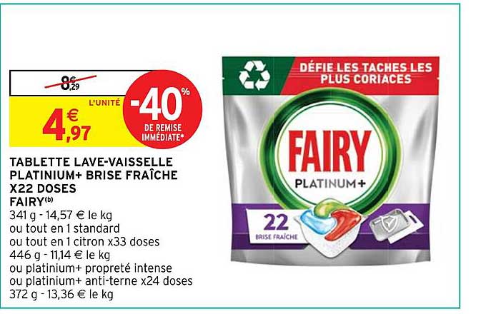 tablette lave-vaisselle platinium+ brise fraîche x22 doses fairy