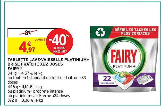 tablette lave-vaisselle platinum+brise fraiche x22 doses fairy
