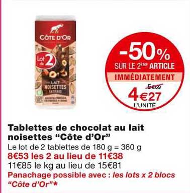 Tablettes De Chocolat Au Lait Noisettes "cote D'or"