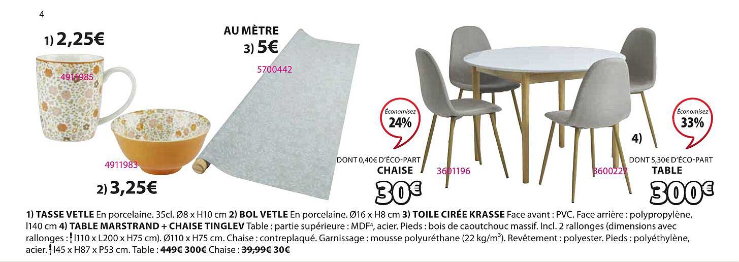tasse vetle, bol vetle, toile cirée krasse, table marstrand + chaise tinglev,