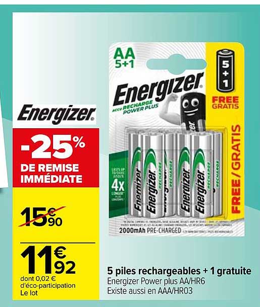 5 piles rechargeables + 1 gratuite energizer