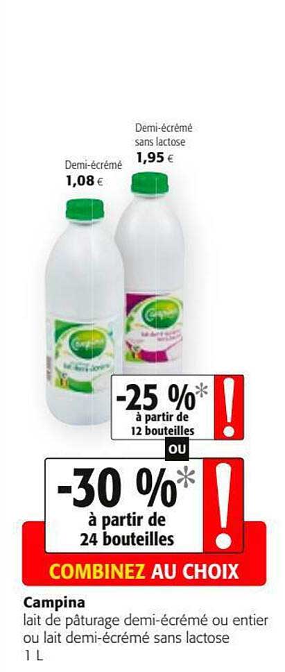 lait de pâturage demi-écrémé ou entier ou lait demi-écrémé sans lactose campina