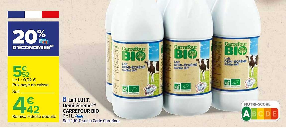 lait u.h.t. demi-écrémé carrefour bio