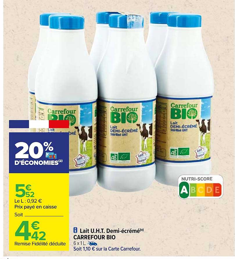 lait u.h.t. demi-écrémé carrefour bio