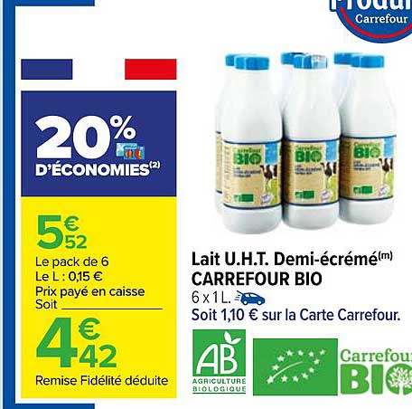 lait u.h.t. demi-écrémé carrefour bio