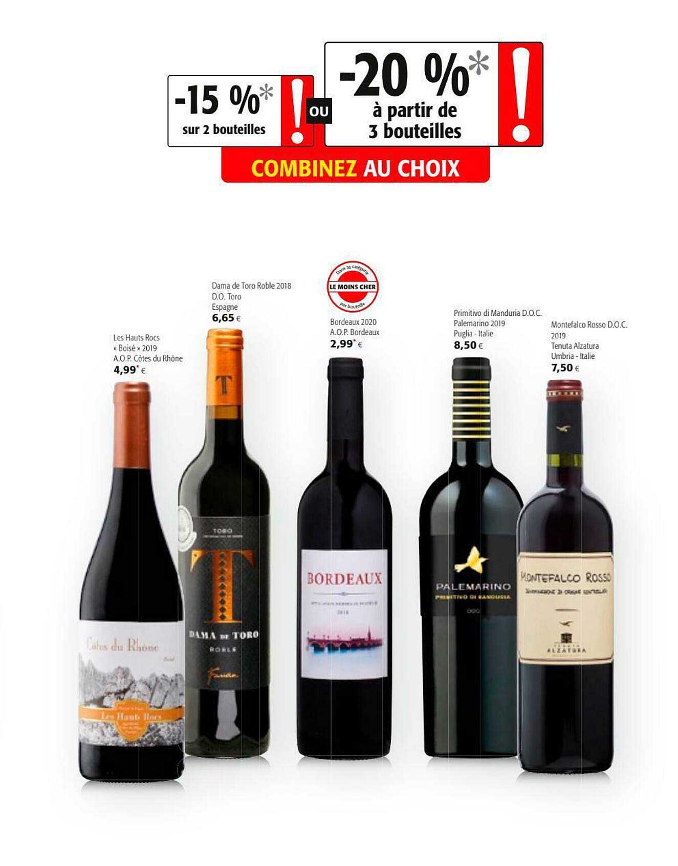 les hauts rocs "boisé 2019", dama de toro roble 2018, bordeaux 2020, primitivo di manduria d.o.c. palemarino 2019, montefalco rosso d.o.c. 2019