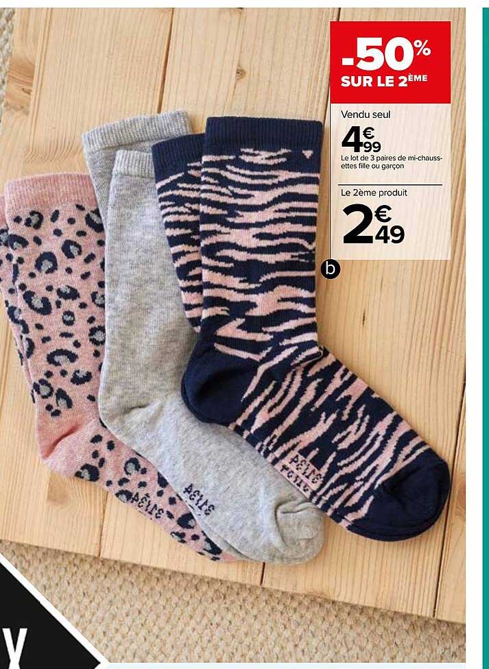 lot de 3 paires mi-chaussettes fille ou garçon