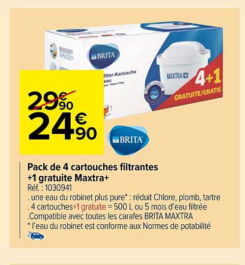 pack de 4 cartouches filtrantes + 1 gratuite maxtra+ brita