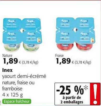 yaourt demi-écrémé nature, fraise ou framboise inex