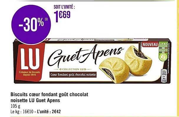 biscuits coeur fondant goût chocolat noisette lu guet apens