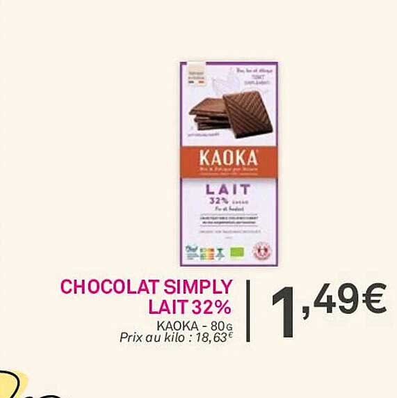 chocolat simply lait 32% kaoka