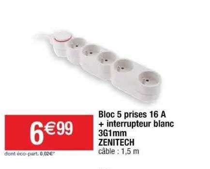 bloc 5 prises 16 a + interrupteur blanc 3g1 mm zenitech