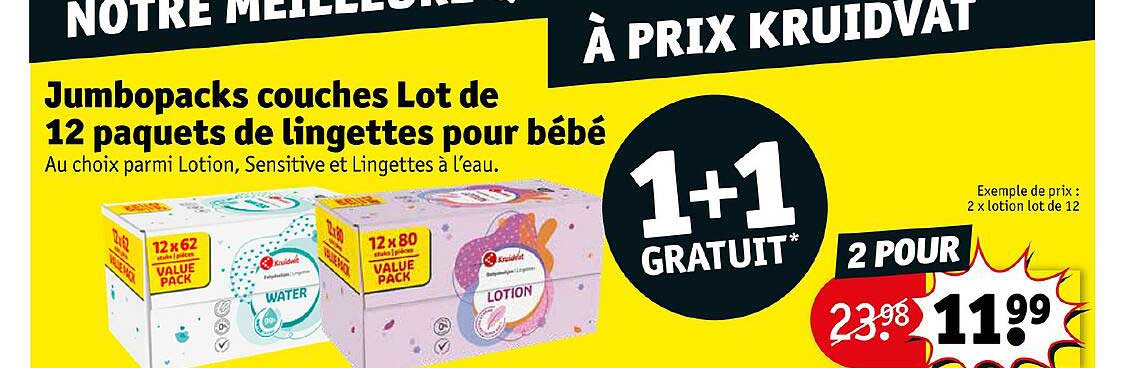 jumbopacks couches lot de 12 paquets de lingettes pour bébé 1+1 gratuit