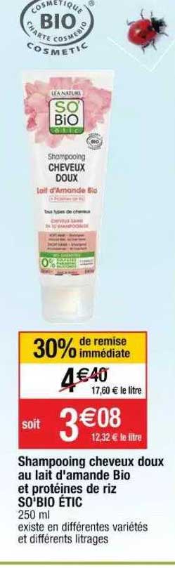 shampoong cheveux doux au lait d'amande bio et protéines de riz so'bio étic