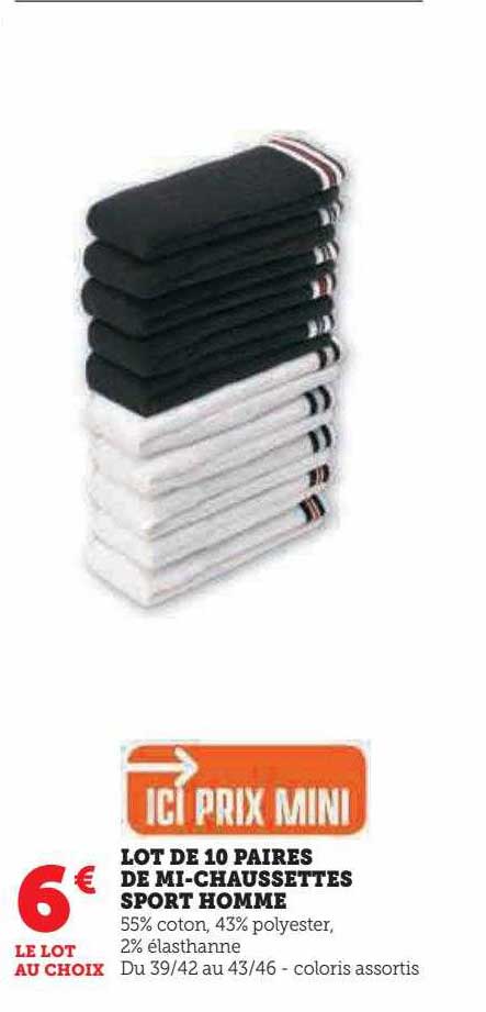 lot de 10 paires de mi-chaussettes sport homme