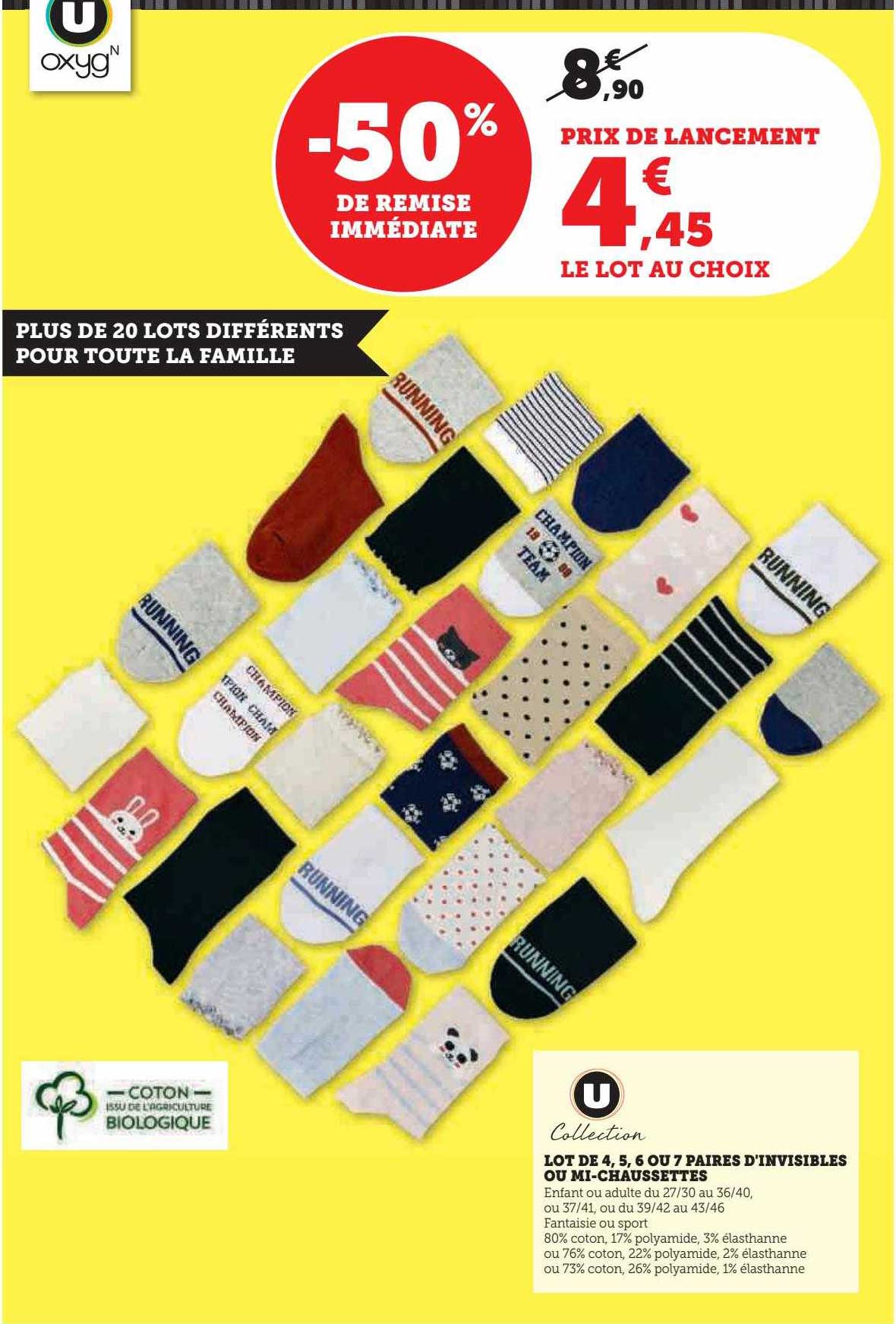 lot de 4, 5, 6 et 7 paires d'invisibles ou mi-chaussettes