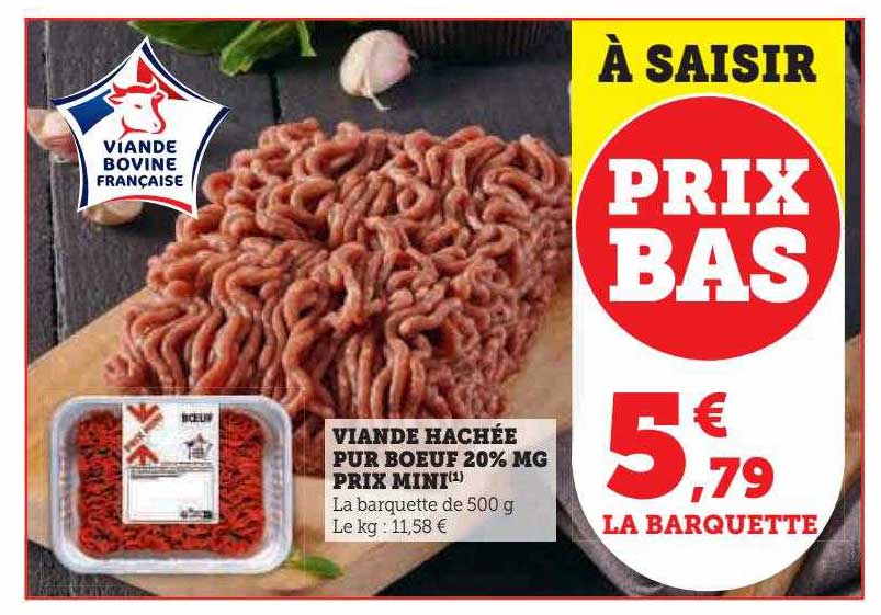 viande hachée pur bœuf 20% mg prix mini