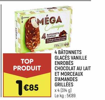 4 bâtonnets glacés vanille enrobés chocolat au lait et morceaux d'amandes grillées