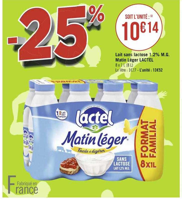 lait sans lactose 1.2% m.g. matin léger lactel