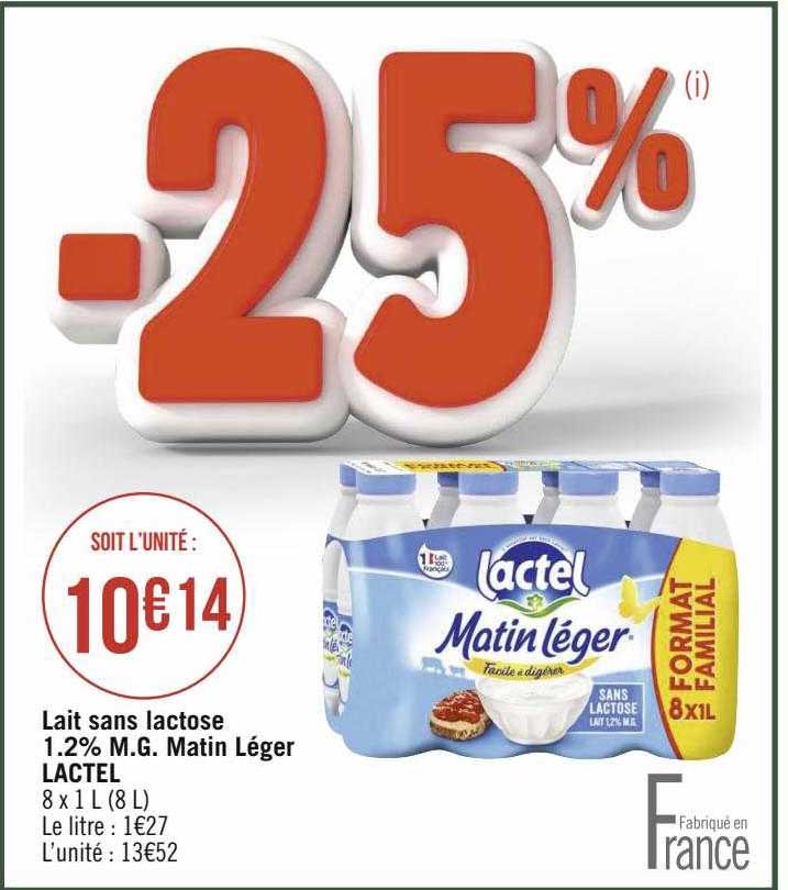 lait sans lactose 1.2% m.g. matin léger lactel