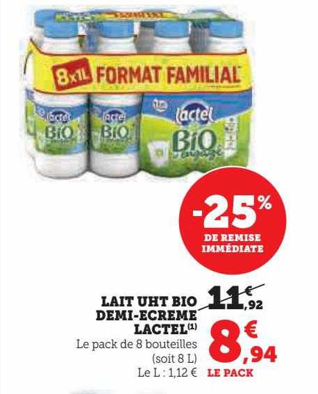 lait uht bio demi-écrémé lactel