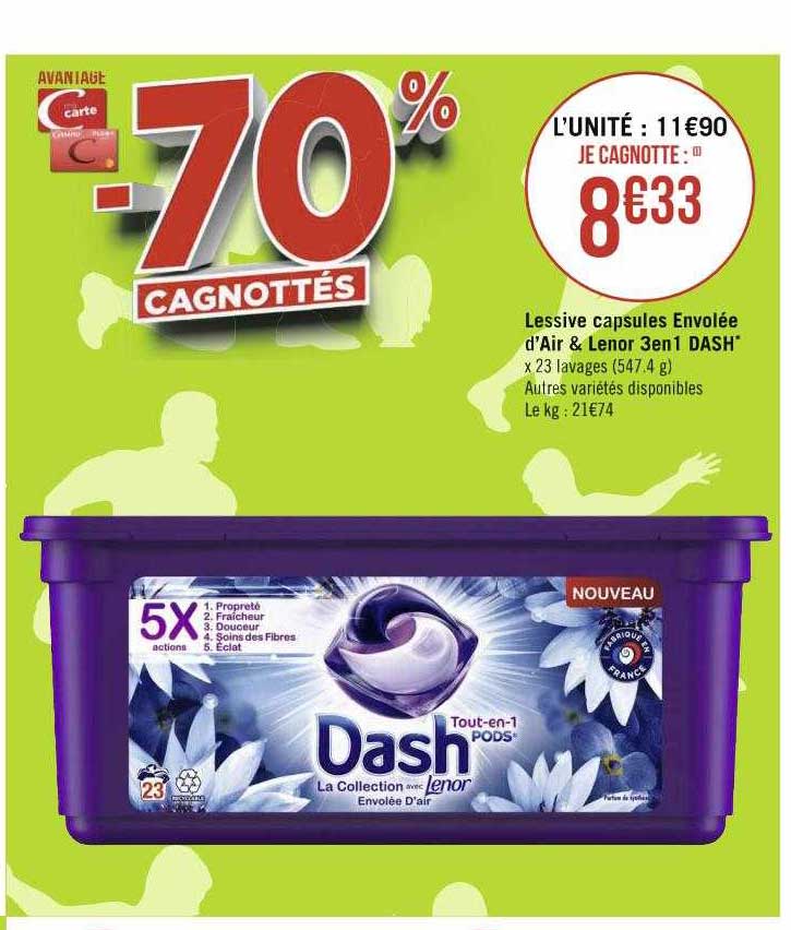 lessive capsules envolée d'air & lenor 3 en 1 dash