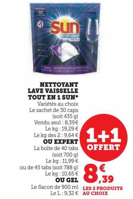 nettoyant lave vaisselle tout en 1 sun ou expert ou gel