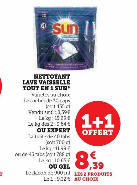 nettoyant lave vaisselle tout en 1 sun ou expert ou gel