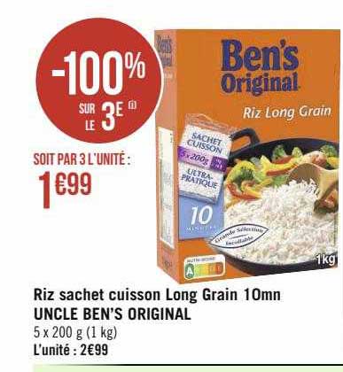 Riz Sachet Cuisson Long Grain 10 Mm Uncle Ben's Original