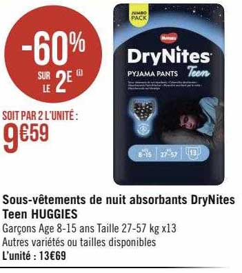 sous-vêtements de nuit absorbants dry nites teen huggies