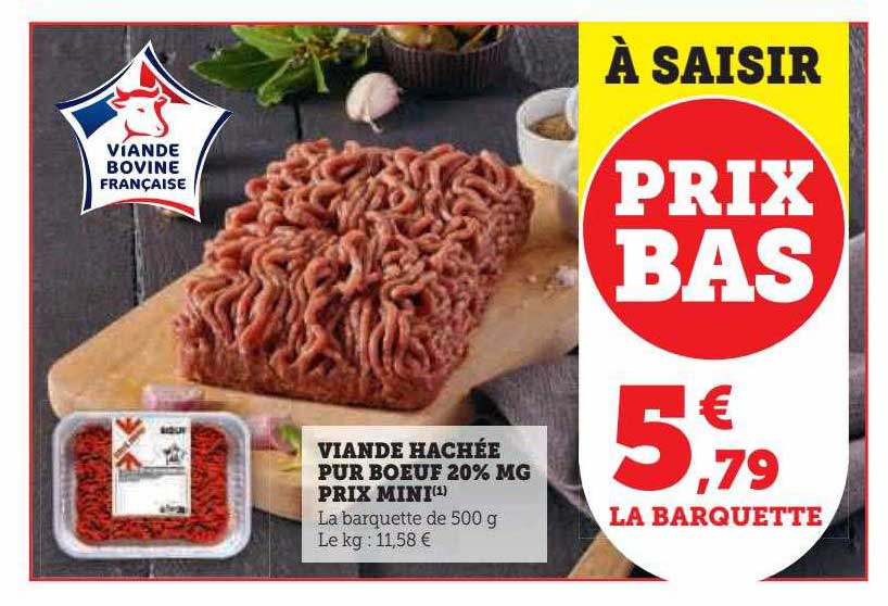 viande hachée pur bœuf 20% mg prix mini