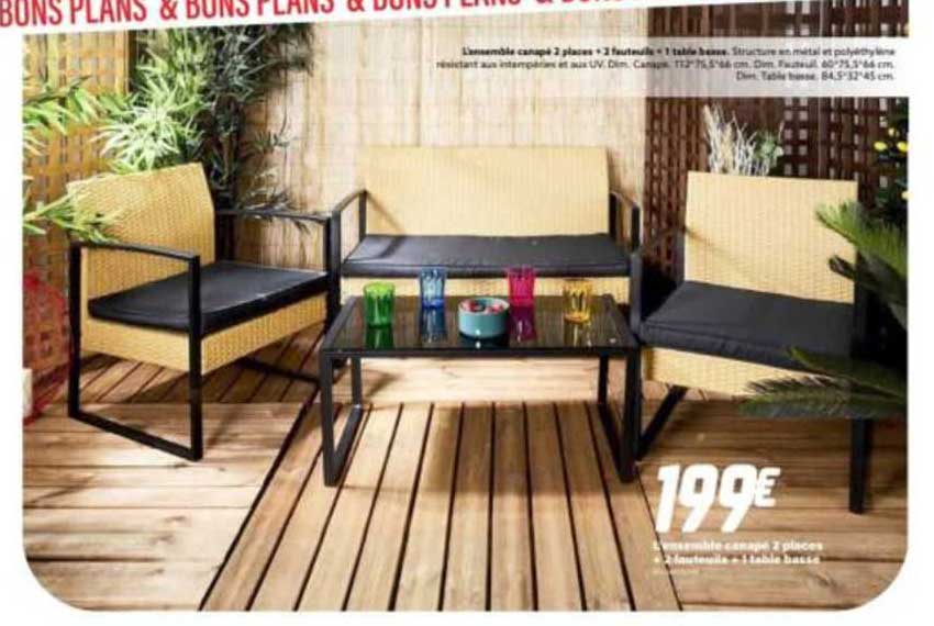 l'ensemble canapé 2 places + 2 fauteuils + 1 table basse