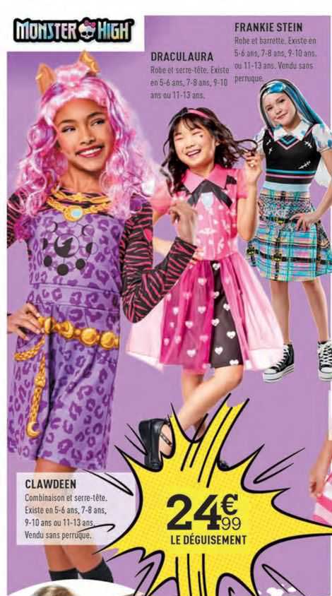 le déguisement clawdeen, draculaura, frankie stein