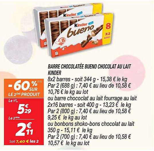 barre chocolatée bueno chocolat au lait kinder