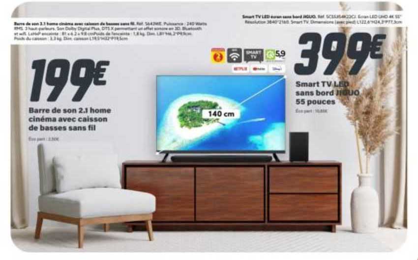 barre de son 2.1 home cinéma avec caisson de basses sans fil, smart tv led sans bord jiguo 55 pouces 140 cm