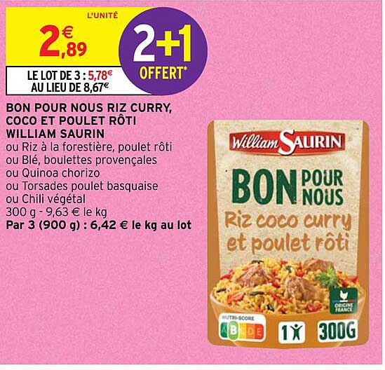bon pour nous riz curry, coco et poulet rôti william saurin
