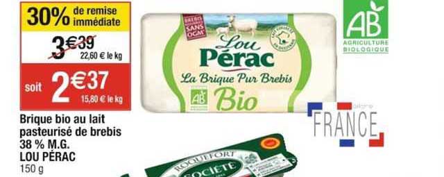brique bio au lait pasteurisé de brebis 38% m.g. lou pérac