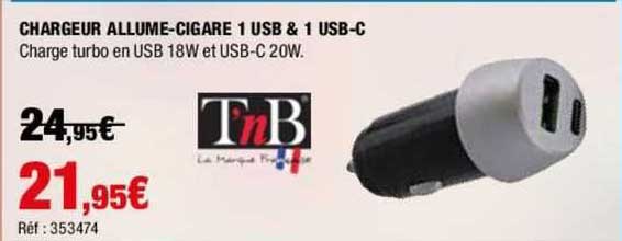 chargeur allume-cigare 1 sub & 1 usb-c t'nb