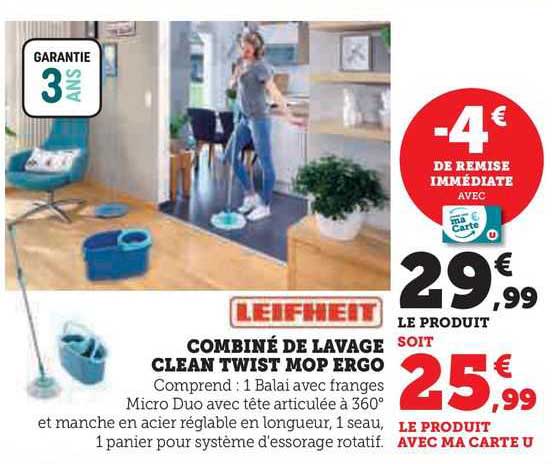combiné de lavage clean twist mop ergo leifheit