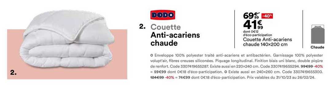 couette anti-acariens chaude 140x200 cm dodo